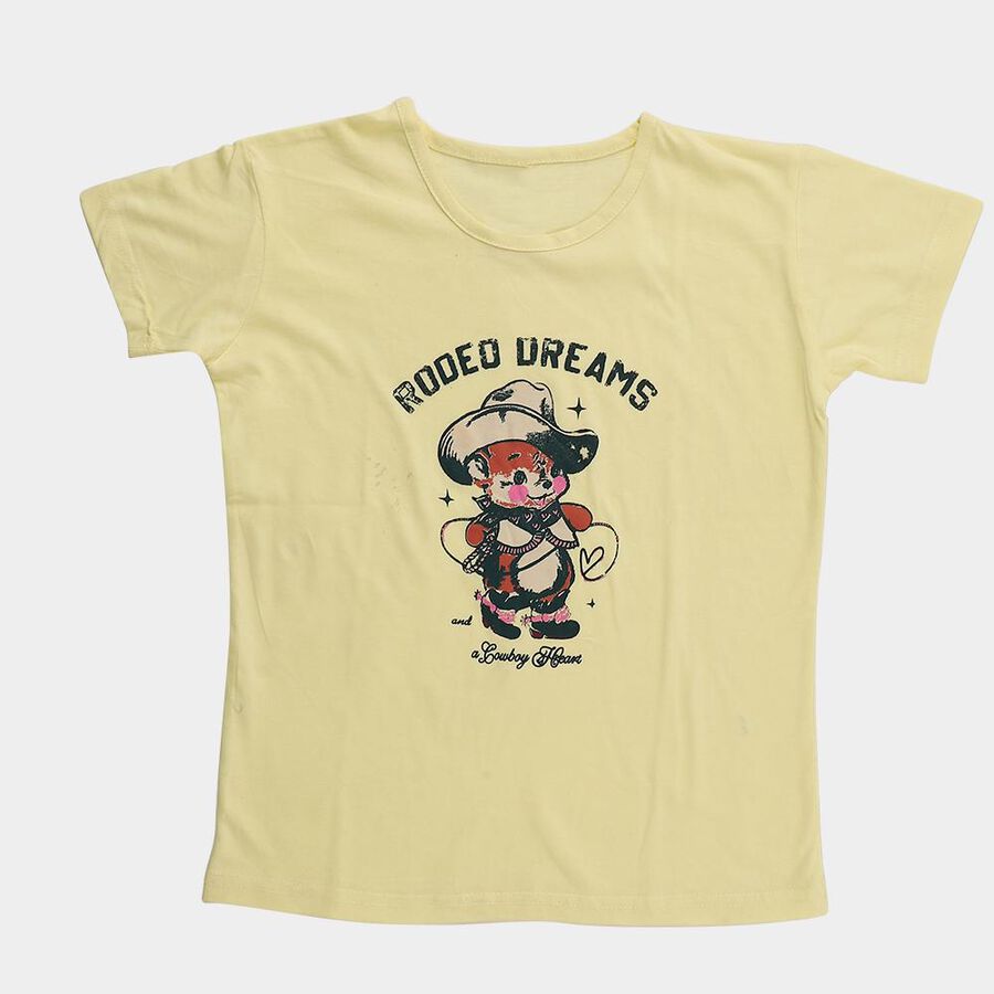Girls' Bright Yellow Cotton Round Neck Casual T-Shirt, Yellow, large