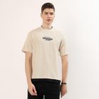Men's Beige Round Neck Graphic Print T-Shirt, Beige, small