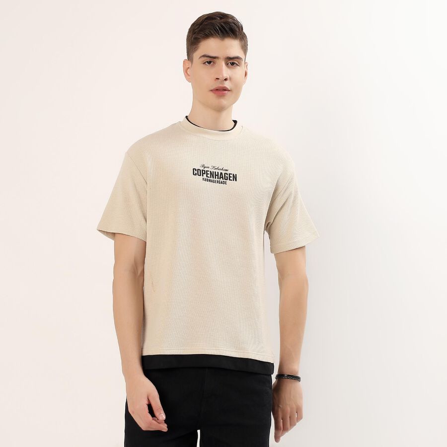 Men's Beige Round Neck Graphic Print T-Shirt, Beige, large