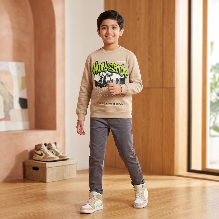 Boys' Beige Crew Neck Graphic Print Sweatshirt, Beige, large