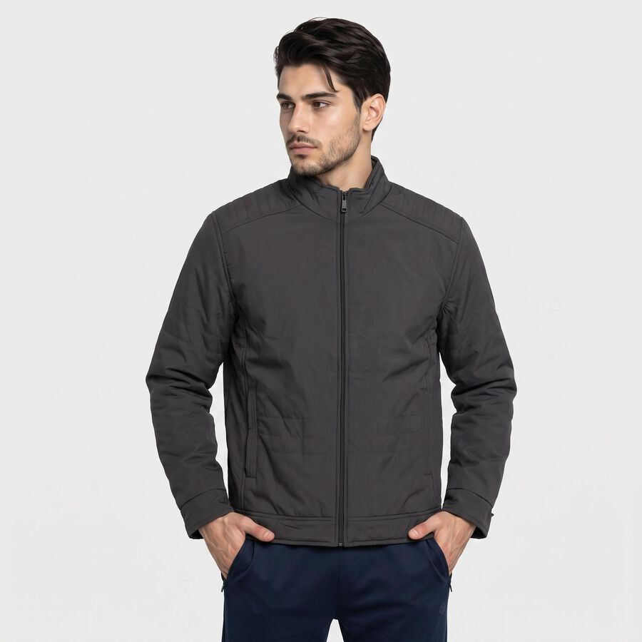 Men Dark Grey Stand Collar Windbreaker Jacket, Dark Grey, large