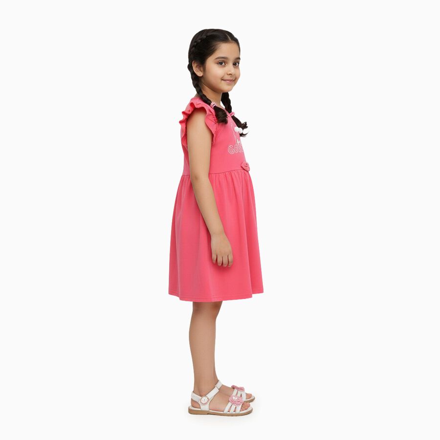 Girls' Bright Coral Pink Ruffle Sleeve Bow Detail Frock, Pink, large