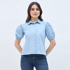 Ladies' 100% Cotton Shirt, Mid Blue, small