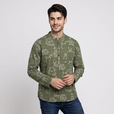 Men's Olive Green Cotton Mandarin Collar Floral Printed Kurta