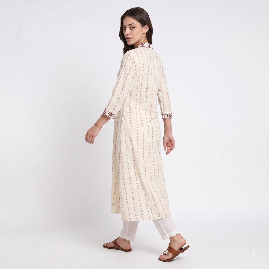 Women's Off White Cotton V-Neck Printed Kurta, Off White, large