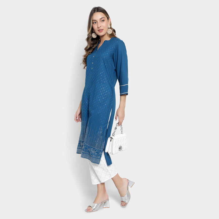 3/4Th Sleeves Straight Kurta, Mid Blue, large image number null