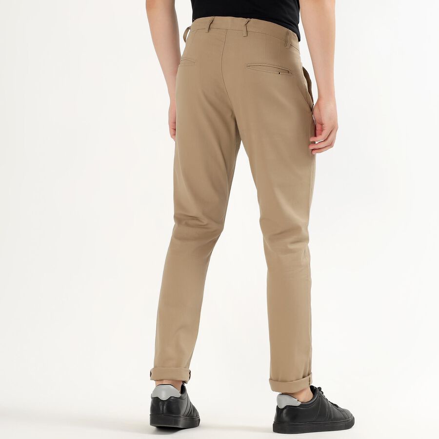 Men's Muted Beige Slim Fit Flat-Front Casual Trousers, Beige, large