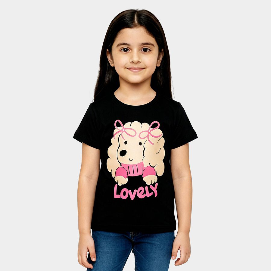 Girls' Black Round Neck Casual T-Shirt, काला, large