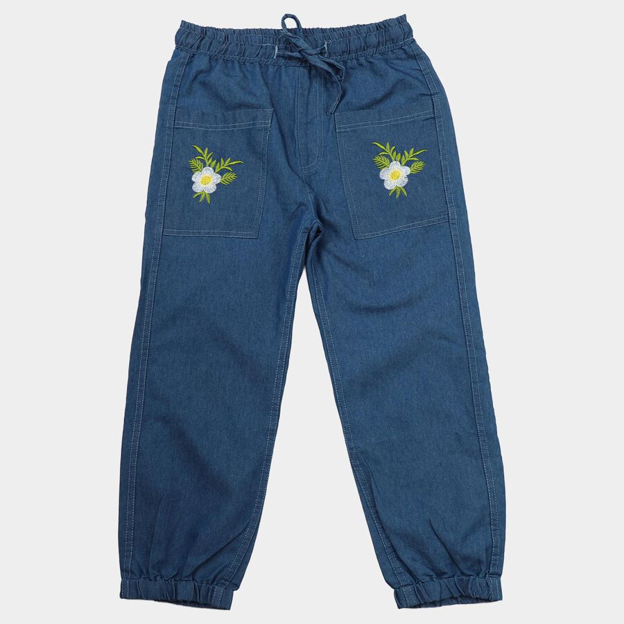 Girls Blue Jogger Fit Embroidered Jeans, Mid Blue, large