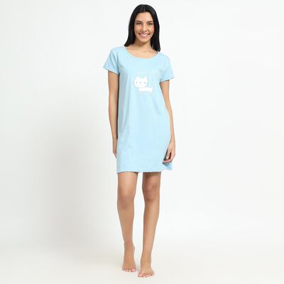 Women's Light Blue Round Neck Casual Nighty