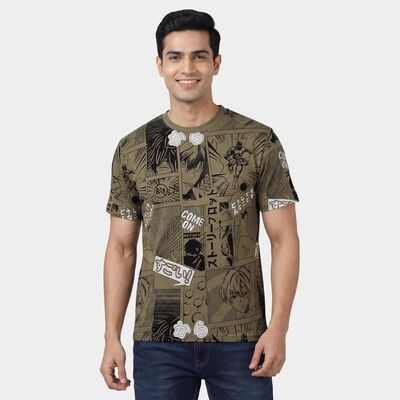 Men's Olive Cotton Round Neck Casual T-Shirt