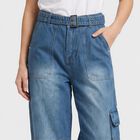Women's Blue Wide Leg Cargo Jeans, मध्यम नीला, small