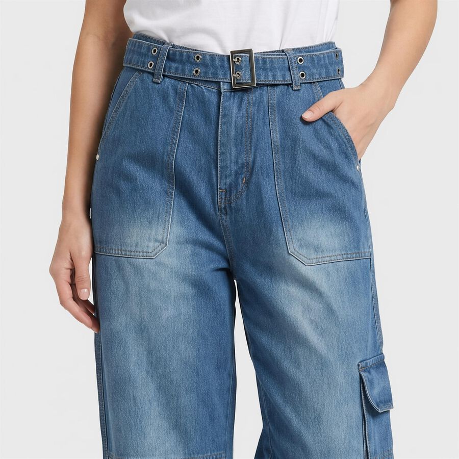 Women's Blue Wide Leg Cargo Jeans, मध्यम नीला, large