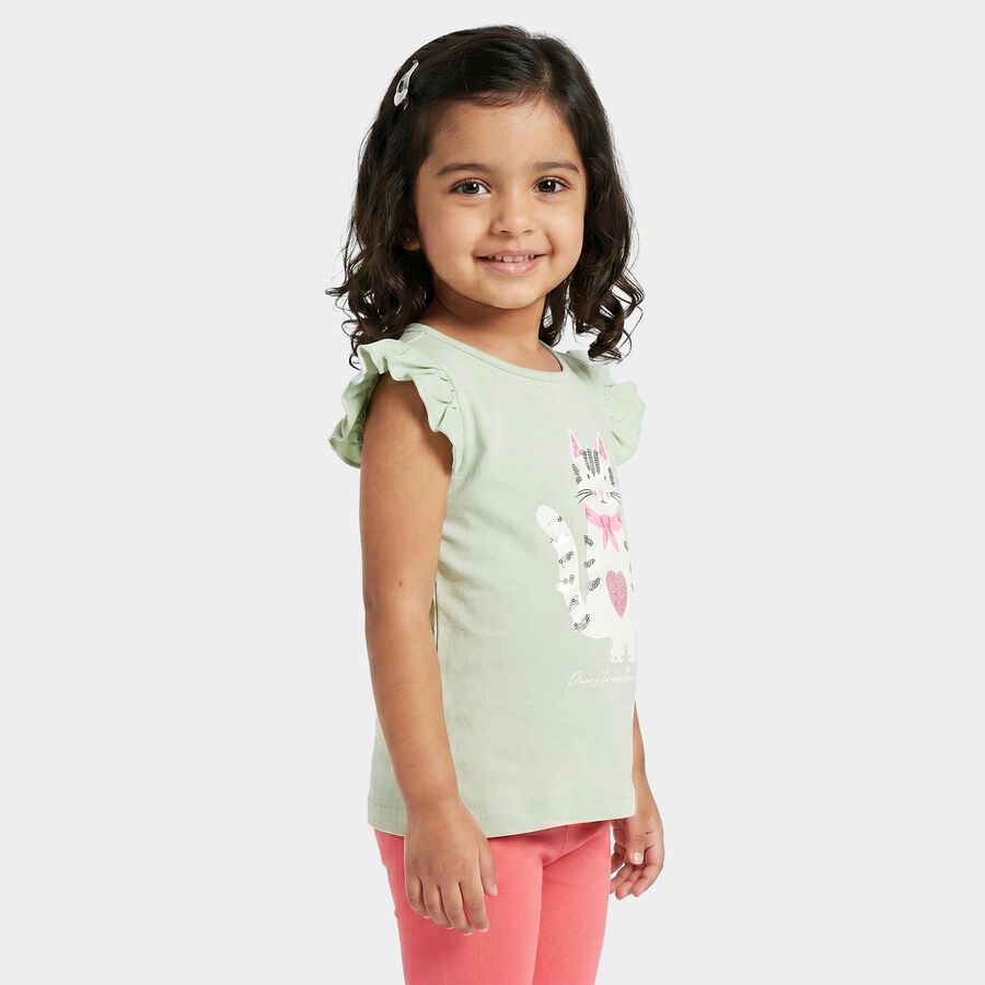 Girls Mint Green Cotton Round Neck Regular T-Shirt, Light Green, large