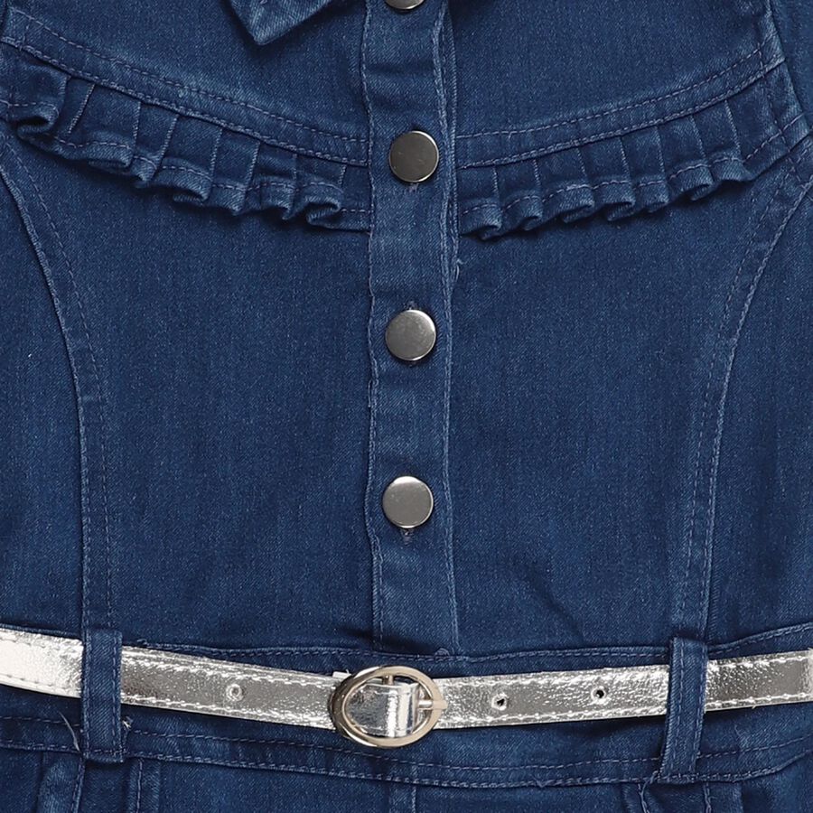 Girls' Deep Indigo Blue Ruffled Denim Frock, मध्यम नीला, large image number null