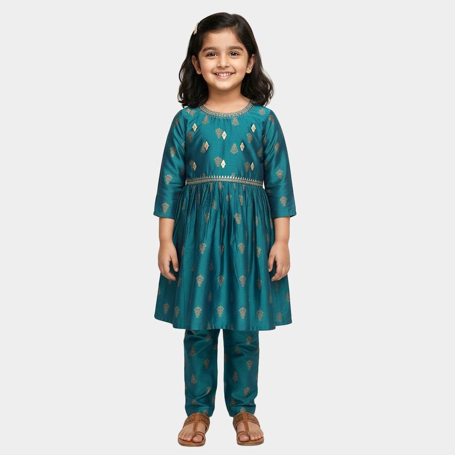 Girls Teal Blue Golden Motif Kurta and Pant Fusion Set, टील ब्लू, large image number null