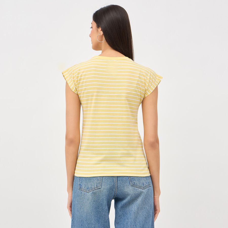 Women's Soft Yellow Round Neck Striped T-Shirt, Khaki, large image number null