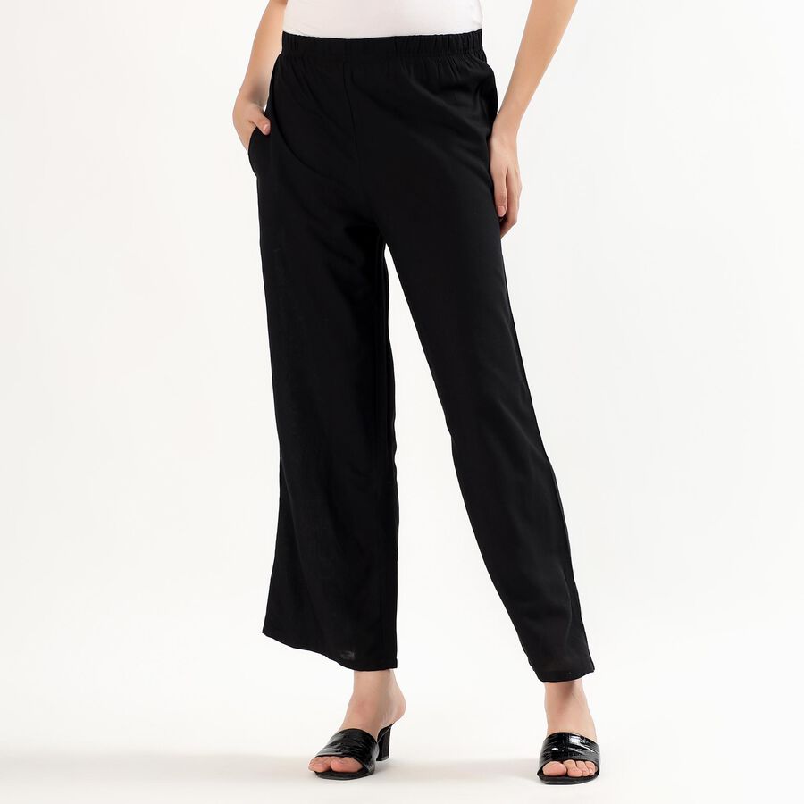 Women's Jet Black Wide-Leg Elastic Waist Palazzos, काला, large