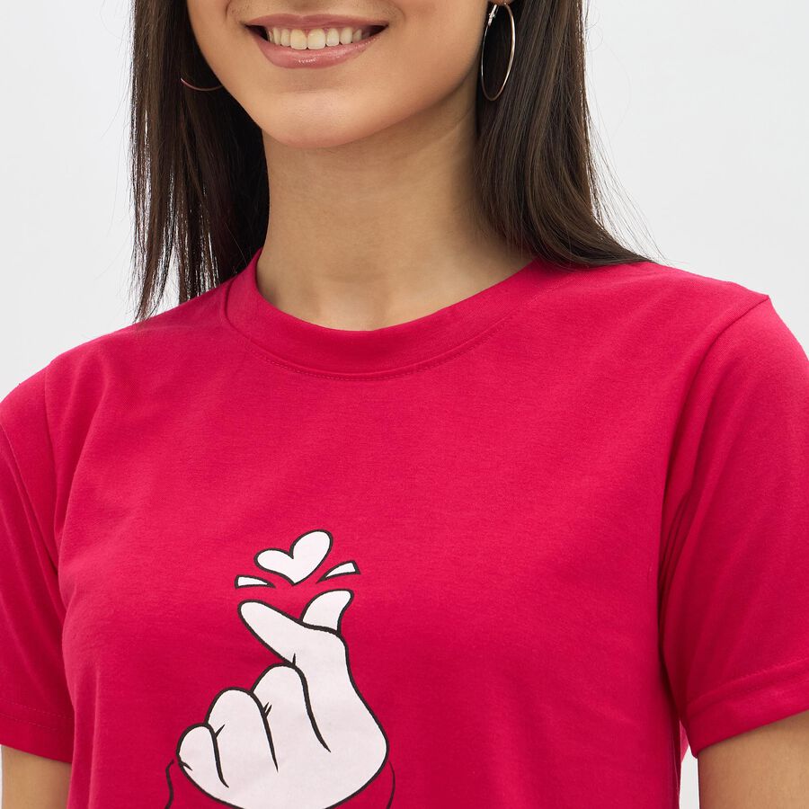 Women's Bright Red Round Neck Casual T-Shirt, Fuchsia, large image number null