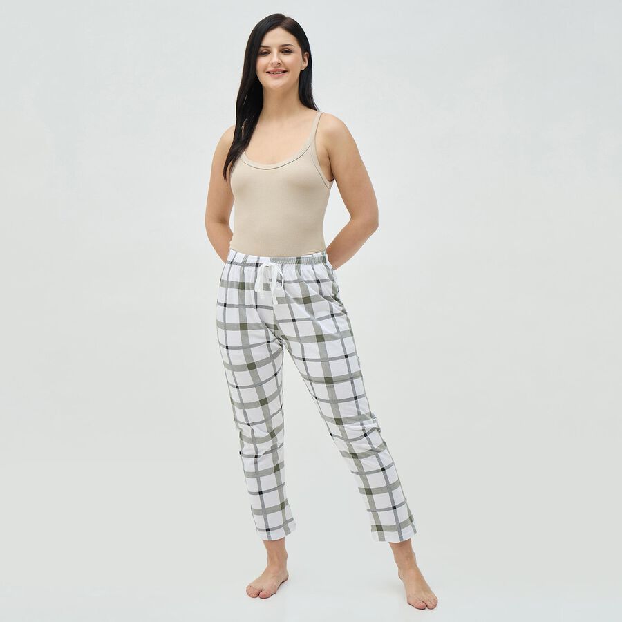 Women's White and Olive Checkered Elastic Waist Pyjama, सफ़ेद, large