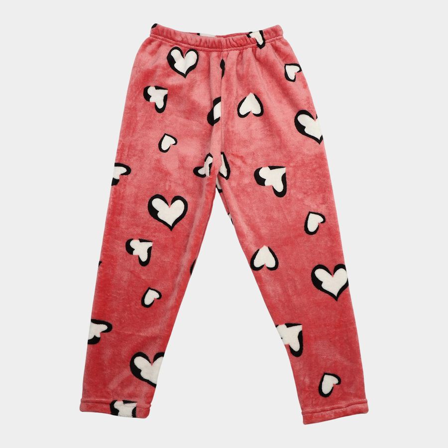 Girls' Pink Regular Fit Heart Print Winter Pyjama, Pink, large