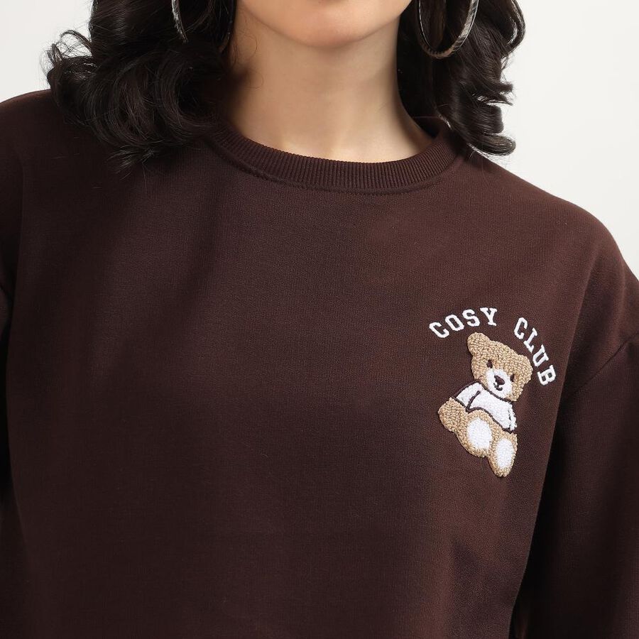 Women's Dark Chocolate Brown Crew Neck Casual Sweatshirt, भूरा, large image number null