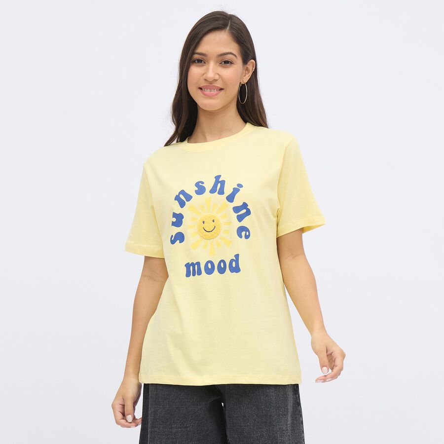 Women's Light Yellow Cotton Round Neck Casual T-Shirt, Yellow, large image number null