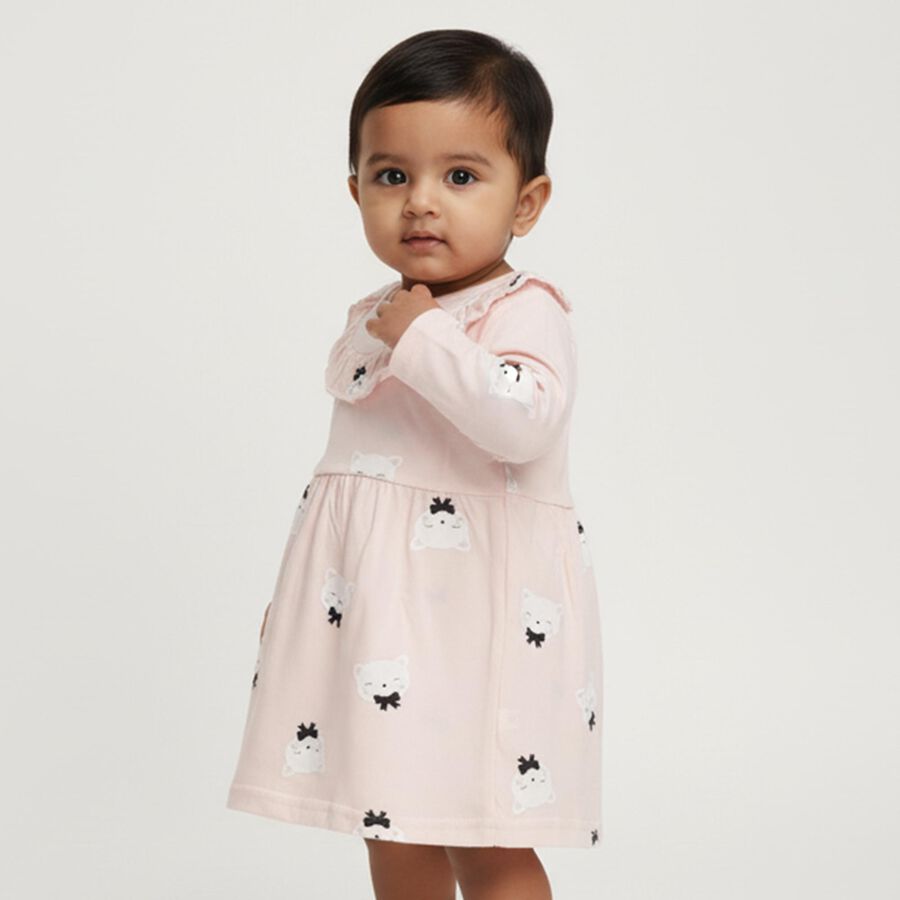 Infants' Soft Pink Cotton Printed Long Sleeve Frock, हल्का गुलाबी, large image number null