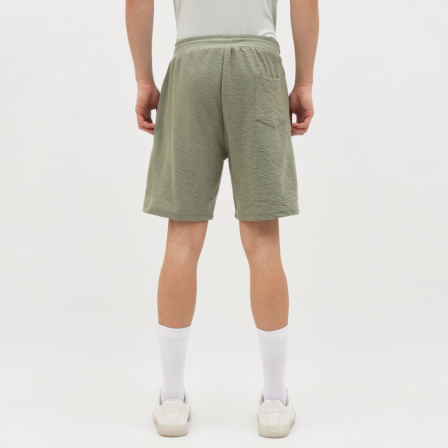 Men's Muted Olive Green Textured Elastic Waist Bermuda Shorts, Light Green, large