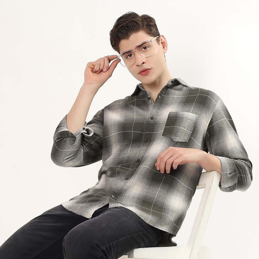 Men's Muted Olive Green Cotton Full Sleeve Spread Collar Casual Shirt, Olive, large