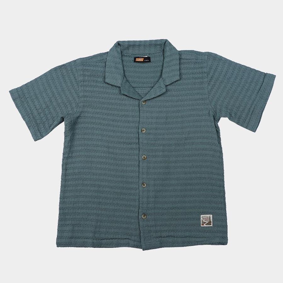 Boys Green Cotton Camp Collar Casual Shirt, गहरा हरा, large