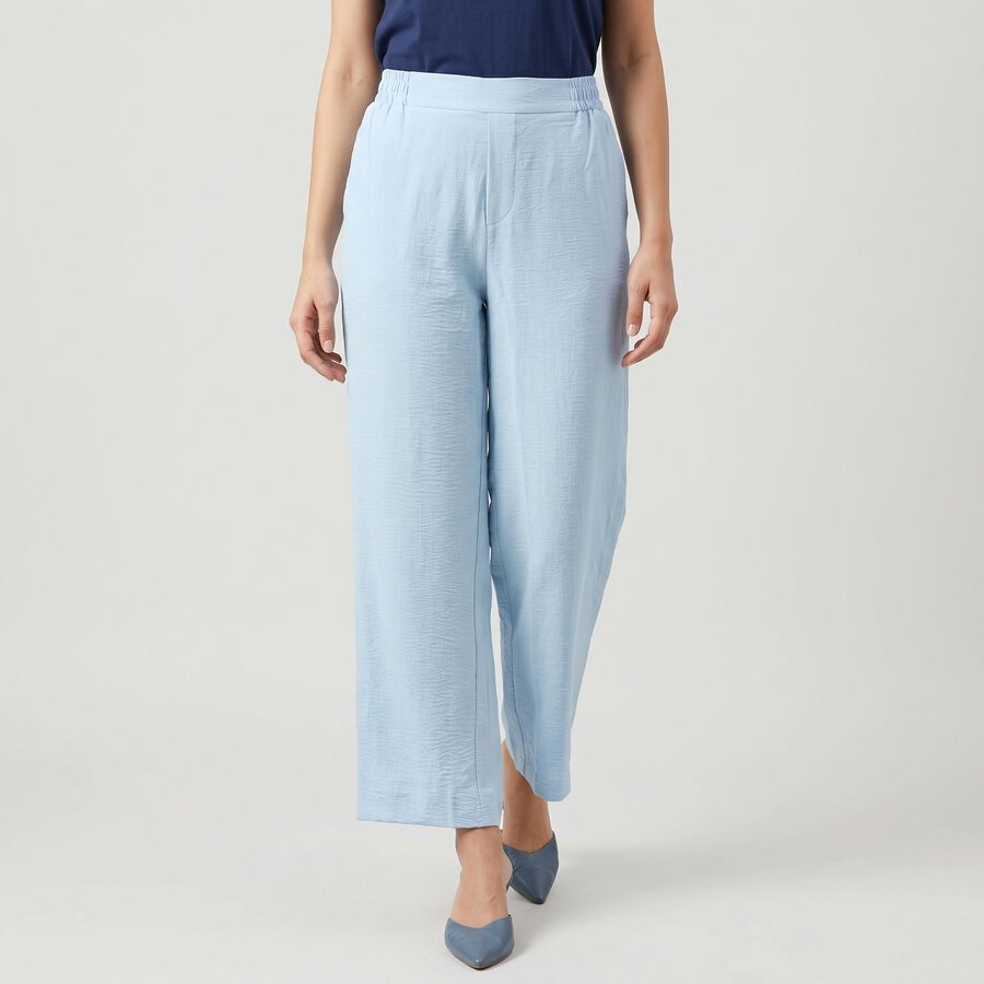 Women's Light Blue Wide Leg Elastic Waist Trousers, Light Blue, large