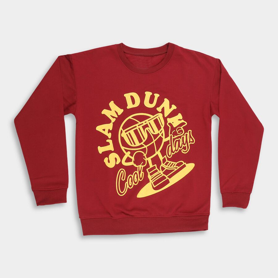Boys Rich Maroon Crew Neck Graphic Sweatshirt, मरून, large image number null