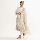 Women's Soft Ivory White Floral Printed Ethnic Set, Light Green, small