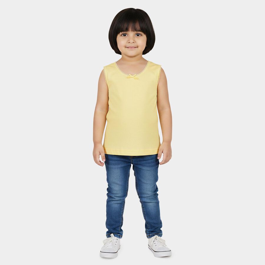 Girls Yellow Cotton Round Neck Minimalist Vest, पीला, large
