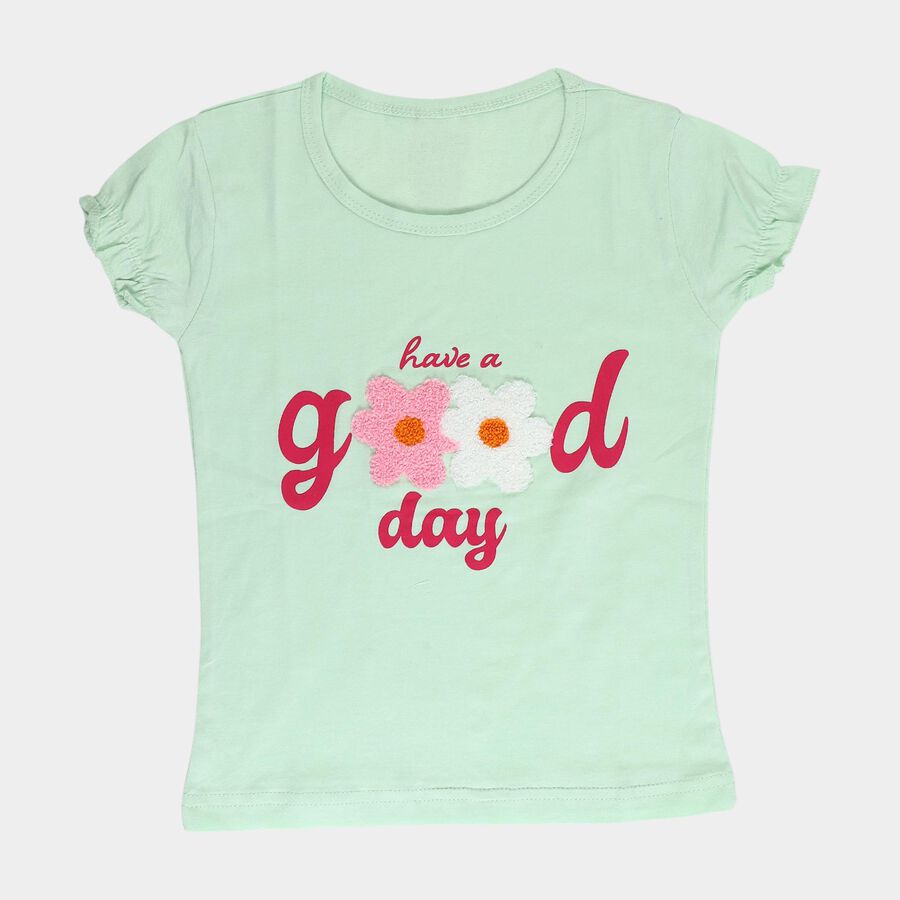 Girls' Light Green Cotton Round Neck Graphic T-Shirt, हल्का हरा, large