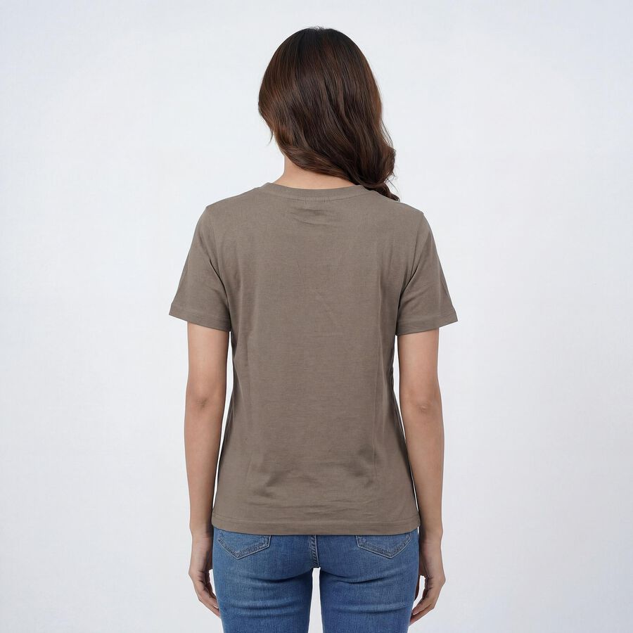 Women's Grey Cotton Round Neck Casual T-Shirt, गहरा ग्रे, large