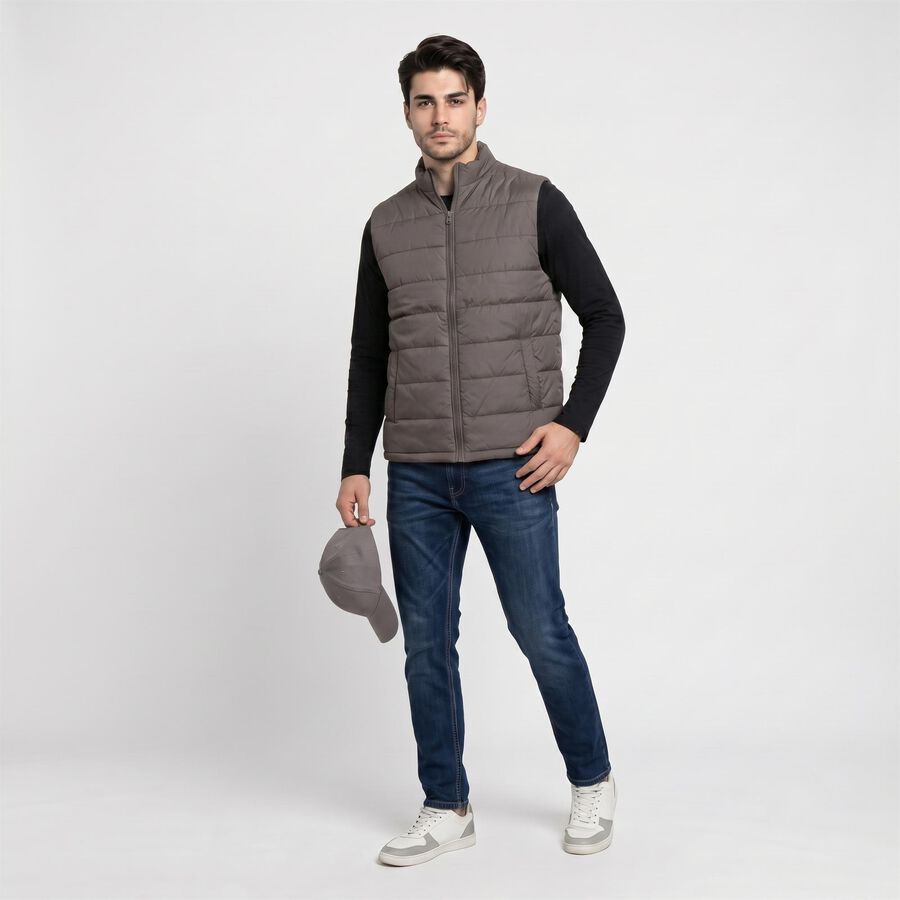 Men's Dark Grey Stand Collar Puffer Jacket, Dark Grey, large