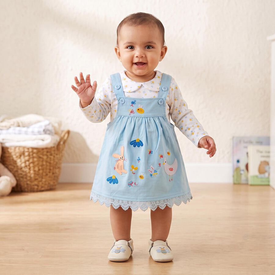 Infants' Light Blue Fit and Flare Embroidered Pinafore Frock, हल्का नीला, large