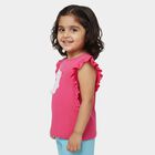 Girls' Fuchsia Cotton Round Neck Ruffle Sleeve Bunny Applique T-Shirt, Fuchsia, small