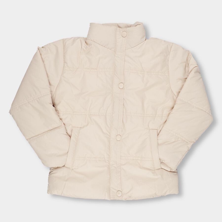 Girls Light Beige High Neck Casual Jacket, Beige, large image number null