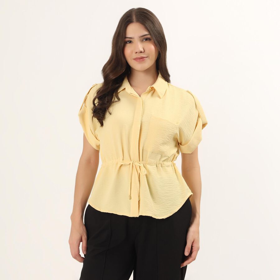 Women's Yellow Half Sleeve Classic Collar Casual Shirt, पीला, large