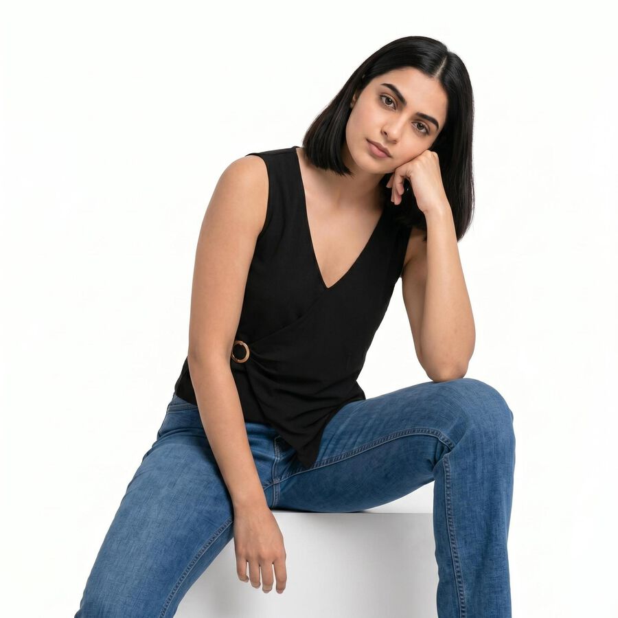 Women's Black V-Neck Wrap Top, Black, large