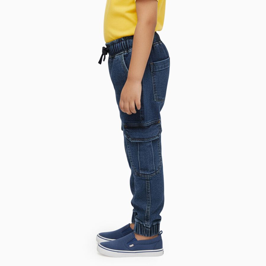Boys' Dark Blue Cargo Fit Elastic Waist Jeans, मध्यम नीला, large image number null