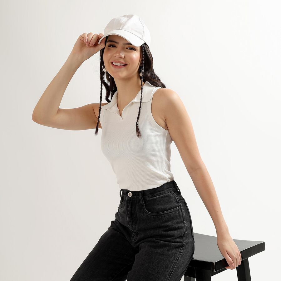 Women's Rich White Polo Neck Sleeveless T-Shirt, White, large image number null