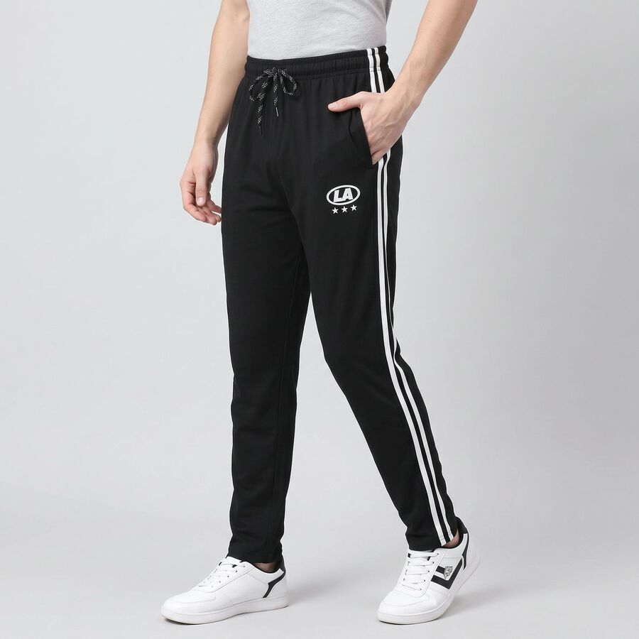 Men's Black Regular Fit Side-Striped Track Pants, Black, large