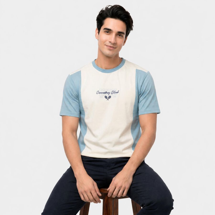 Men's Light Blue Round Neck Regular T-Shirt, स्काई ब्लू, large