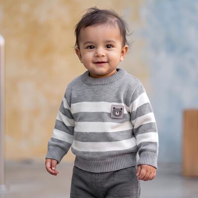 Infants Grey Crew Neck Striped Pullover