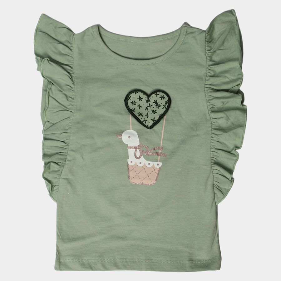 Girls' Mint Green Cotton Round Neck Graphic Print T-Shirt, Light Green, large