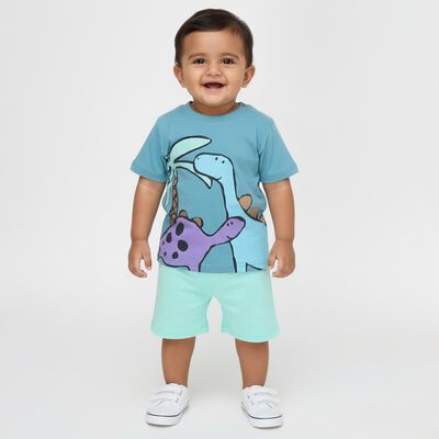 Infants' Blue Cotton Round Neck Printed Baba Suit